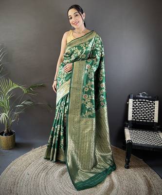 green soft banarasi silk blend floral & ethnic motifs meenakari zari weaving banarasi saree 1
