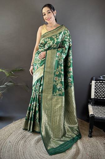 green soft banarasi silk blend floral & ethnic motifs meenakari zari weaving banarasi saree