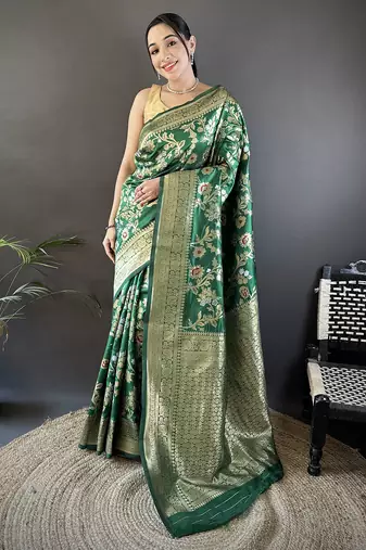 green soft banarasi silk blend floral & ethnic motifs meenakari zari weaving banarasi saree