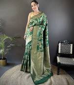 green soft banarasi silk blend floral & ethnic motifs meenakari zari weaving banarasi saree
