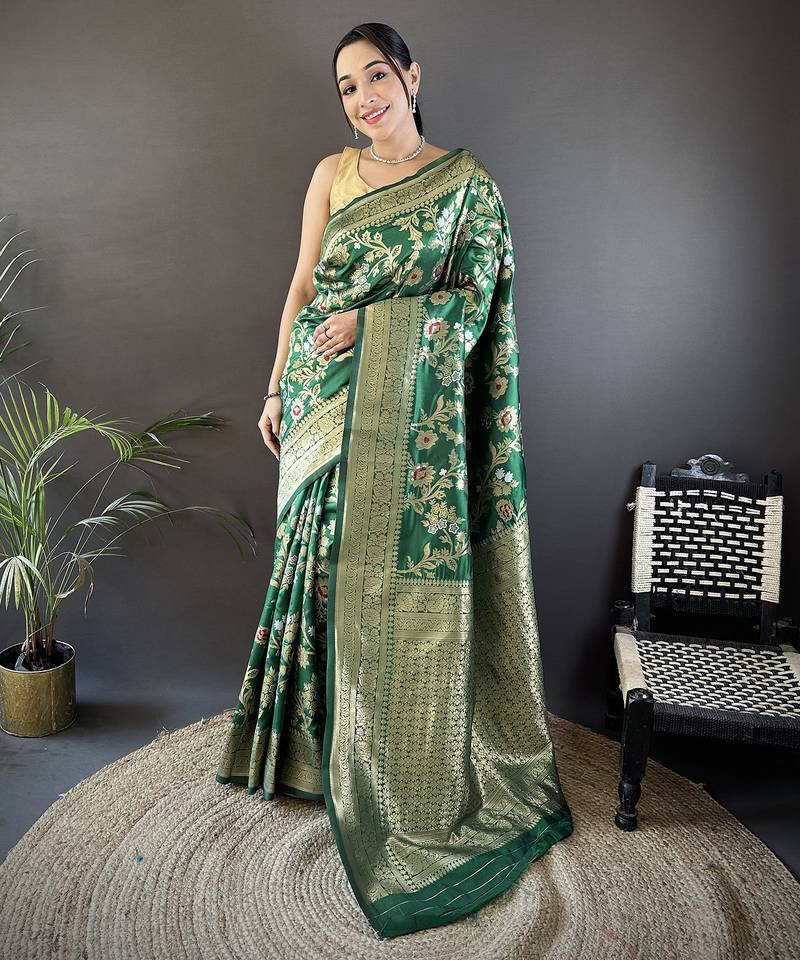 green soft banarasi silk blend floral & ethnic motifs meenakari zari weaving banarasi saree