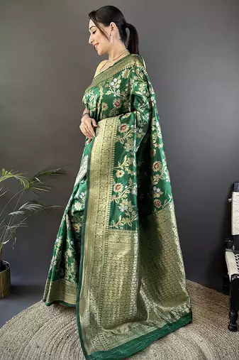 green soft banarasi silk blend floral & ethnic motifs meenakari zari weaving banarasi saree
