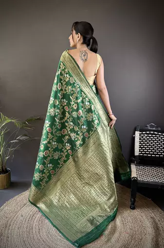 green soft banarasi silk blend floral & ethnic motifs meenakari zari weaving banarasi saree