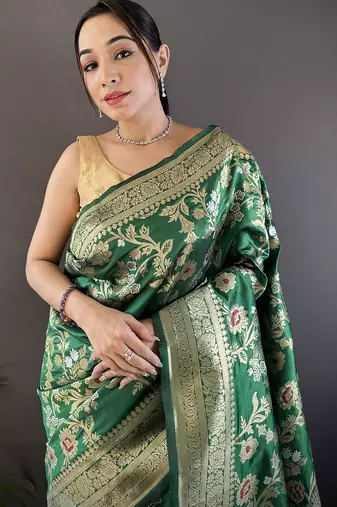 green soft banarasi silk blend floral & ethnic motifs meenakari zari weaving banarasi saree