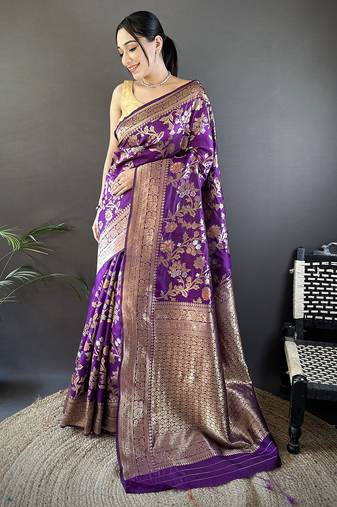 purple soft banarasi silk blend floral & ethnic motifs meenakari zari weaving banarasi saree