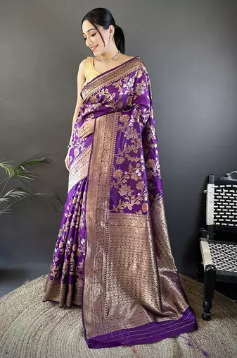 purple soft banarasi silk blend floral & ethnic motifs meenakari zari weaving banarasi saree
