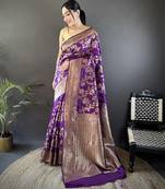 purple soft banarasi silk blend floral & ethnic motifs meenakari zari weaving banarasi saree