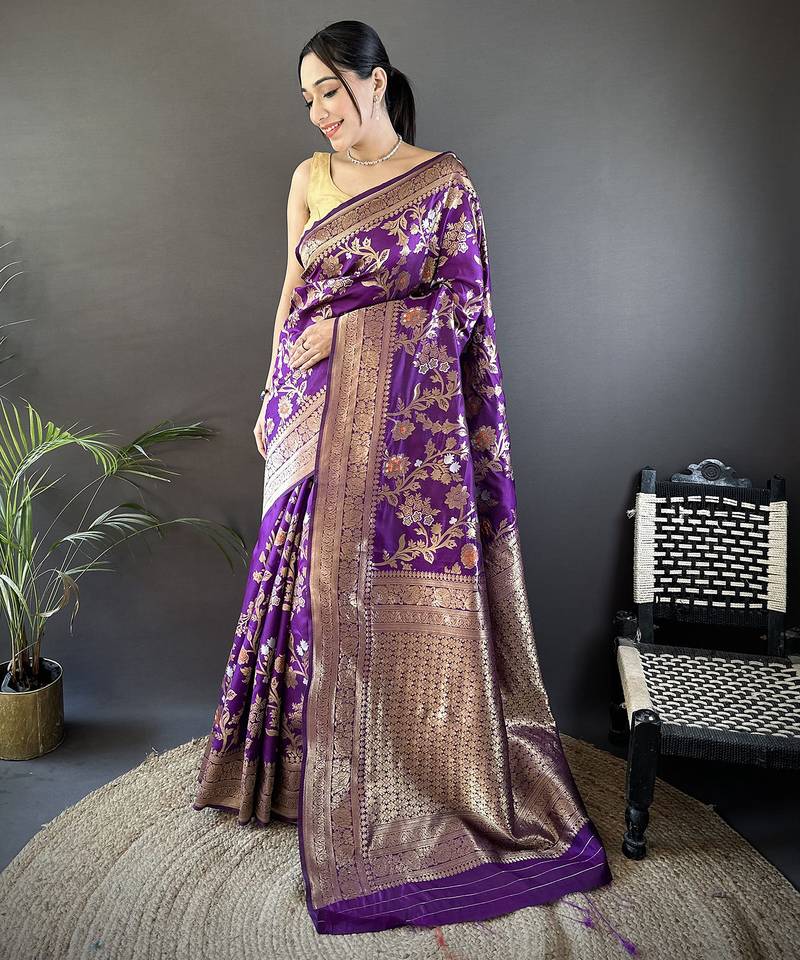 purple soft banarasi silk blend floral & ethnic motifs meenakari zari weaving banarasi saree