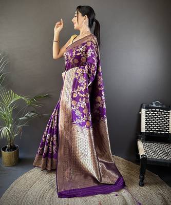 purple soft banarasi silk blend floral & ethnic motifs meenakari zari weaving banarasi saree 2