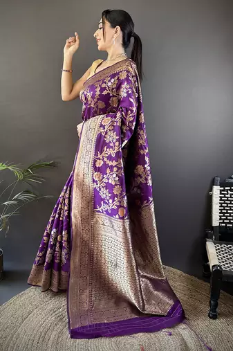 purple soft banarasi silk blend floral & ethnic motifs meenakari zari weaving banarasi saree
