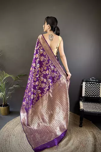 purple soft banarasi silk blend floral & ethnic motifs meenakari zari weaving banarasi saree