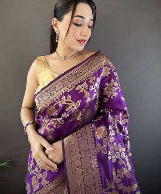 purple soft banarasi silk blend floral & ethnic motifs meenakari zari weaving banarasi saree 4