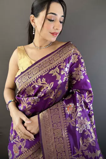purple soft banarasi silk blend floral & ethnic motifs meenakari zari weaving banarasi saree