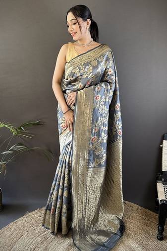 grey soft banarasi silk blend floral & ethnic motifs meenakari zari weaving banarasi saree