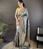 grey soft banarasi silk blend floral & ethnic motifs meenakari zari weaving banarasi saree