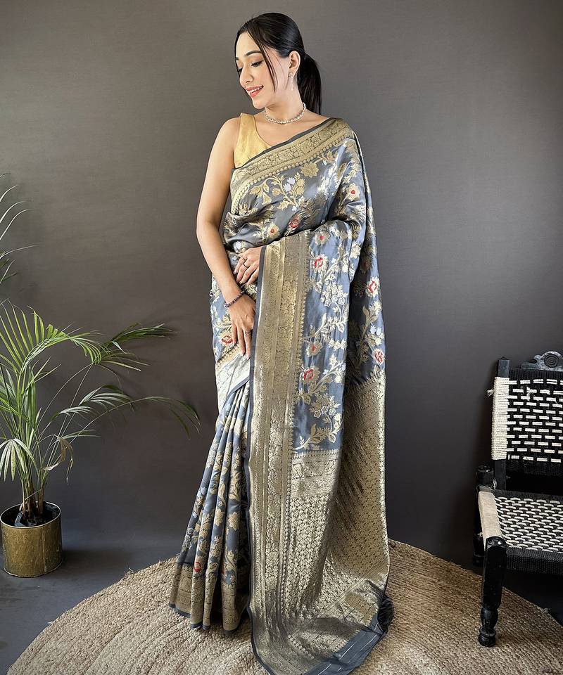 grey soft banarasi silk blend floral & ethnic motifs meenakari zari weaving banarasi saree