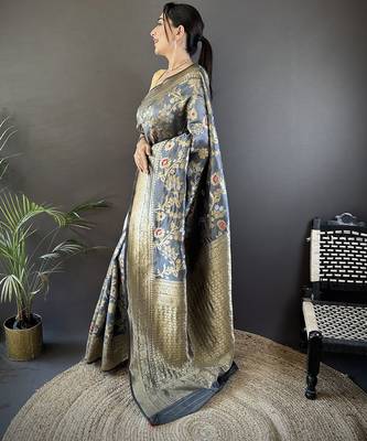grey soft banarasi silk blend floral & ethnic motifs meenakari zari weaving banarasi saree 2