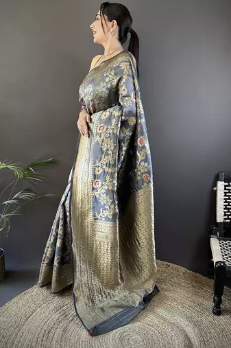 grey soft banarasi silk blend floral & ethnic motifs meenakari zari weaving banarasi saree