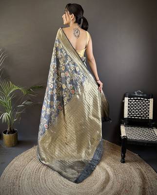 grey soft banarasi silk blend floral & ethnic motifs meenakari zari weaving banarasi saree 3