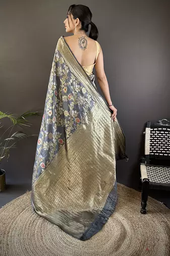 grey soft banarasi silk blend floral & ethnic motifs meenakari zari weaving banarasi saree
