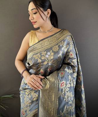 grey soft banarasi silk blend floral & ethnic motifs meenakari zari weaving banarasi saree 4