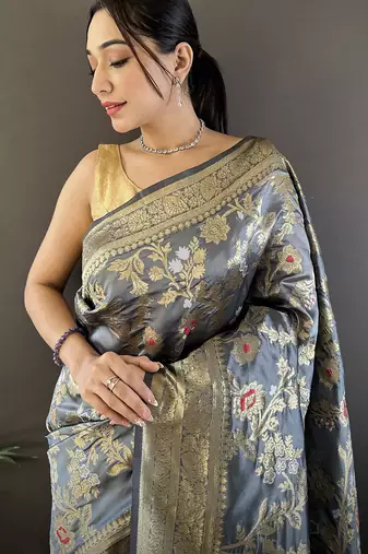 grey soft banarasi silk blend floral & ethnic motifs meenakari zari weaving banarasi saree