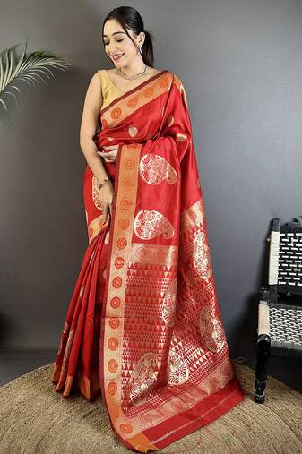 red soft silk blend paisley zari woven banarasi saree