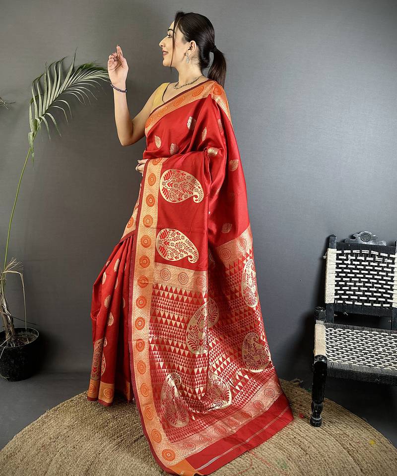 red soft silk blend paisley zari woven banarasi saree