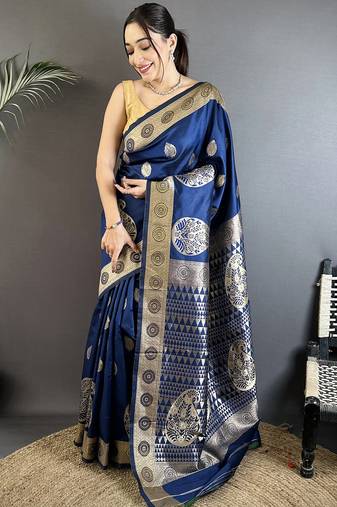 navy blue soft silk blend paisley zari woven banarasi saree
