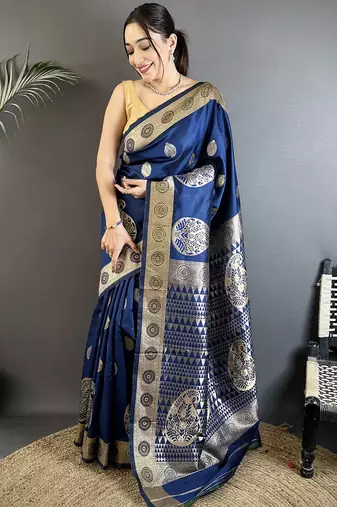 navy blue soft silk blend paisley zari woven banarasi saree