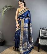 navy blue soft silk blend paisley zari woven banarasi saree