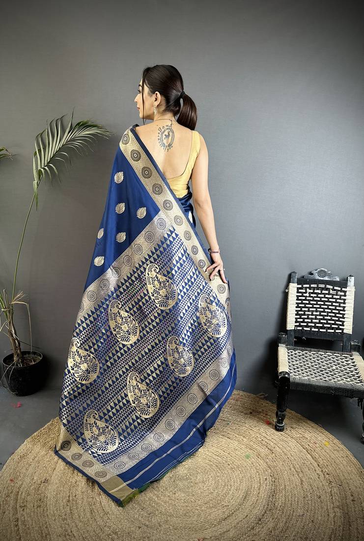 navy blue soft silk blend paisley zari woven banarasi saree