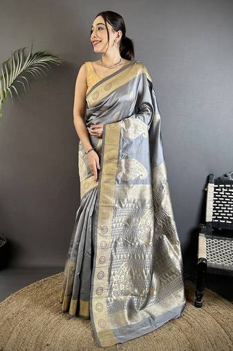 grey soft silk blend paisley zari woven banarasi saree