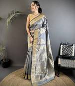 grey soft silk blend paisley zari woven banarasi saree
