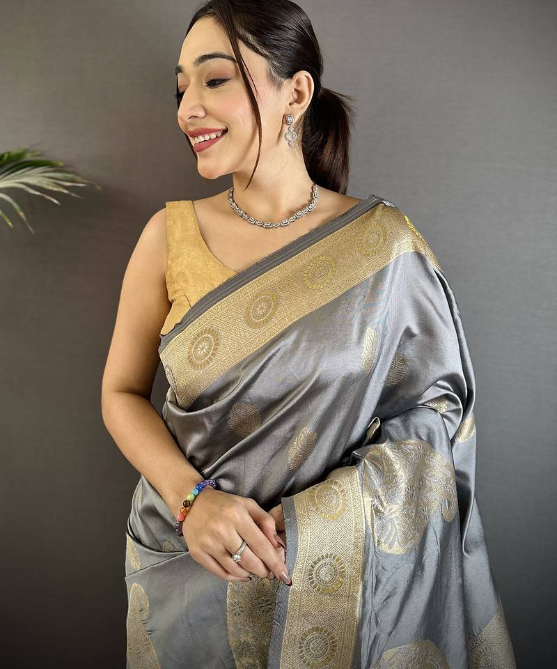 grey soft silk blend paisley zari woven banarasi saree
