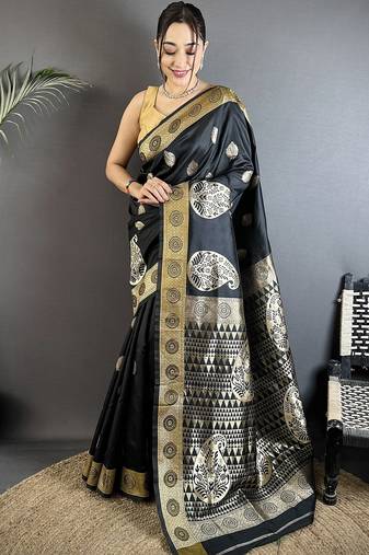 black soft silk blend paisley zari woven banarasi saree