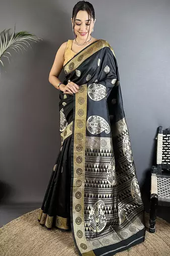 black soft silk blend paisley zari woven banarasi saree