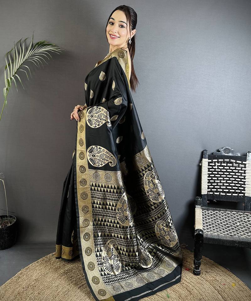 black soft silk blend paisley zari woven banarasi saree