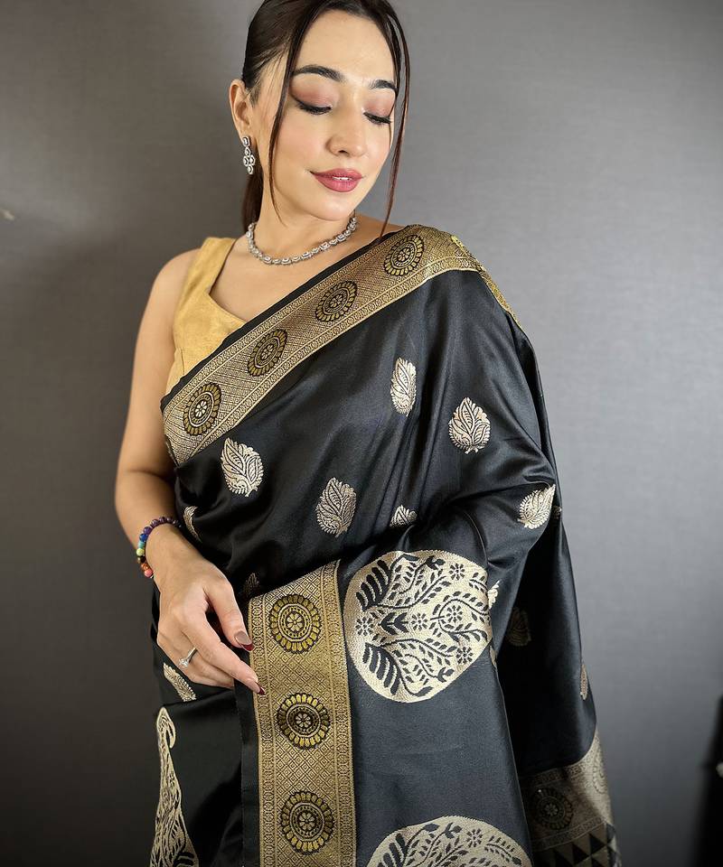 black soft silk blend paisley zari woven banarasi saree