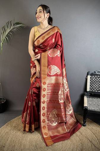 maroon soft silk blend paisley zari woven banarasi saree