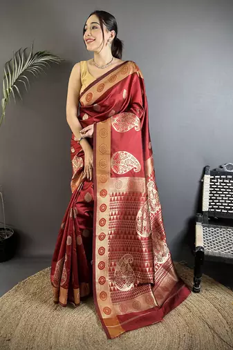 maroon soft silk blend paisley zari woven banarasi saree