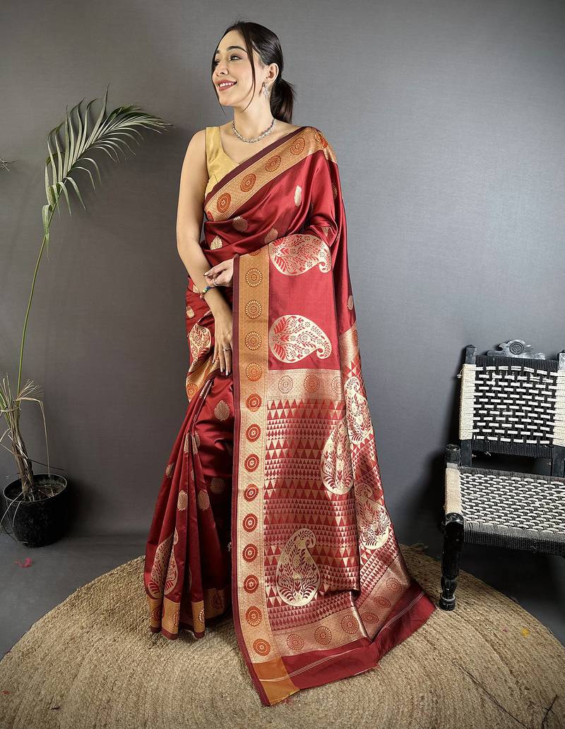 maroon soft silk blend paisley zari woven banarasi saree
