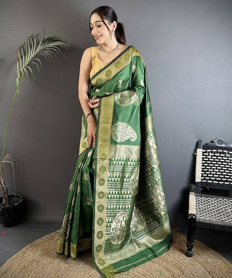 green soft silk blend paisley zari woven banarasi saree