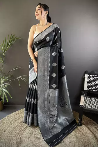 black soft silk blend floral motifs banarasi saree