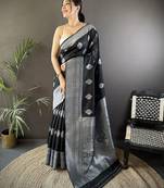 black soft silk blend floral motifs banarasi saree