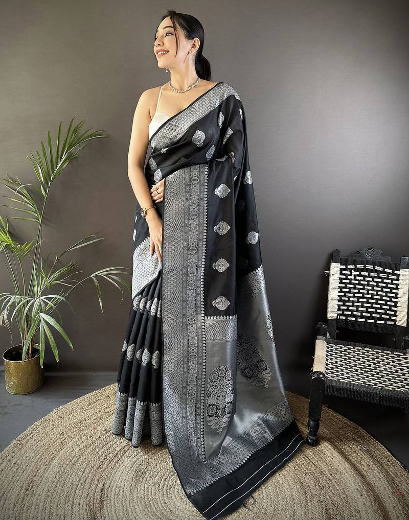 black soft silk blend floral motifs banarasi saree