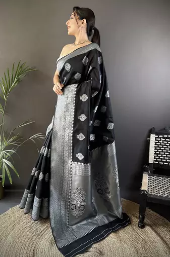black soft silk blend floral motifs banarasi saree