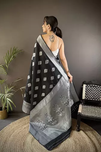 black soft silk blend floral motifs banarasi saree