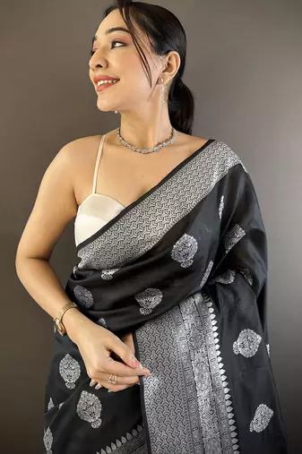 black soft silk blend floral motifs banarasi saree