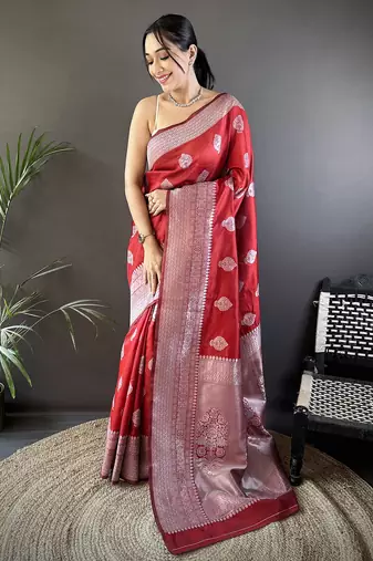 maroon soft silk blend floral motifs banarasi saree